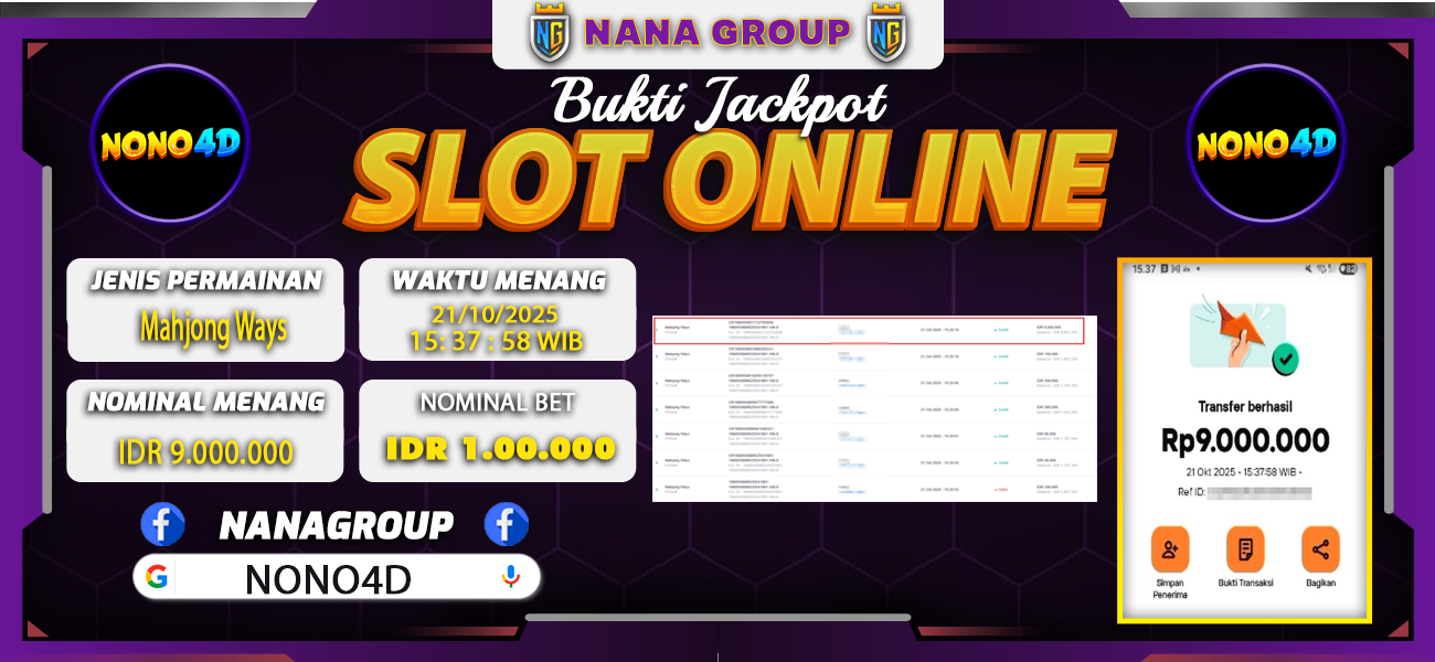 Bukti Kemenangan Besar Dibayar lunas Member NONO4D RP 9.000.000, 21 Oktober 2025
